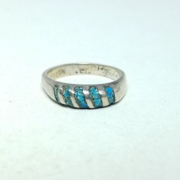 Vintage Sterling Silver Blue Inlaid Band Ring, Size 5 Band, Made in Mexico - Picture 2 of 9